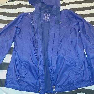 L.L.Bean Rain Coat w/ Hoodie Windbreaker, Jacket,Long Sleeve M Reg.Blue Full Zip